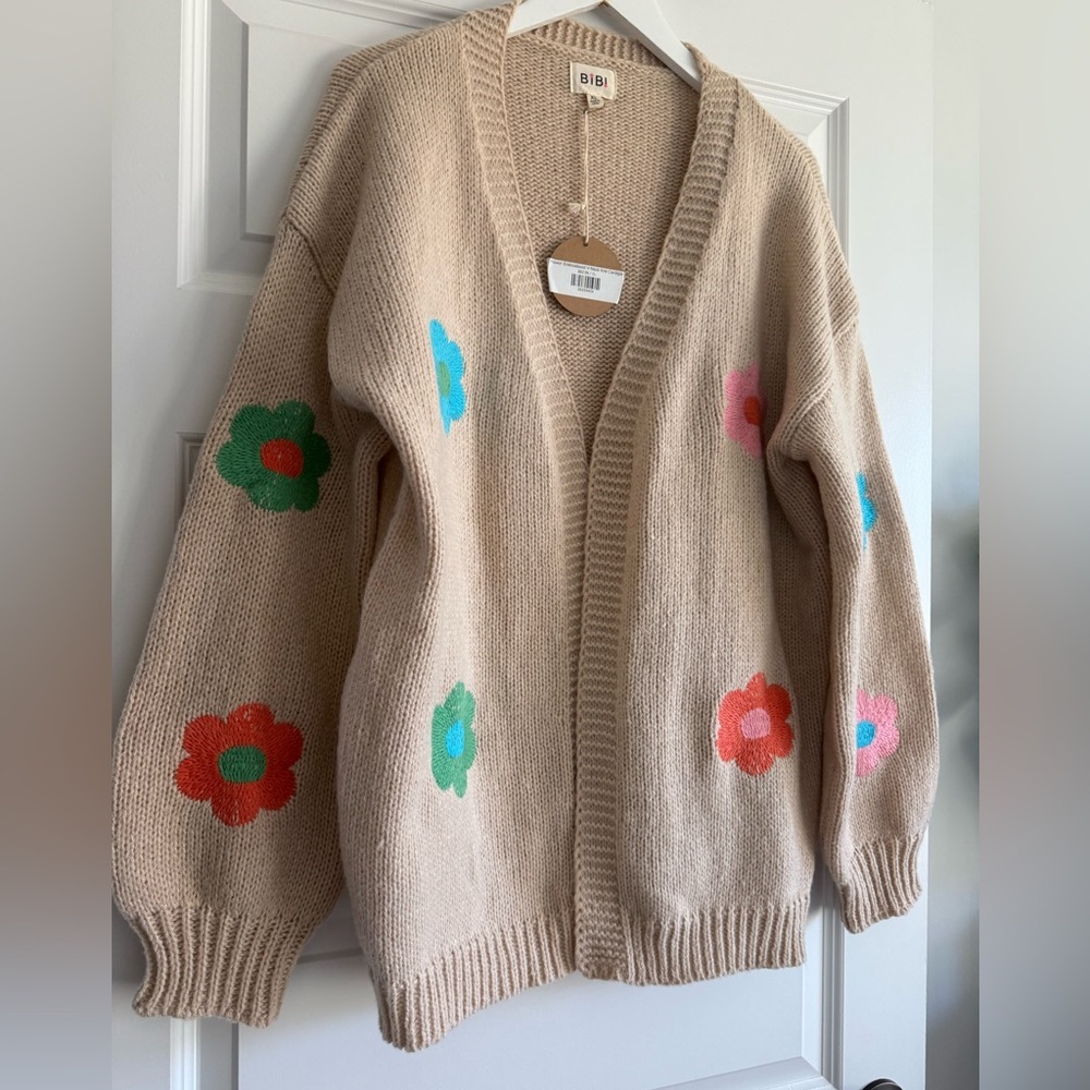 BiBi Groovy Flower Power Chunky Sweater Beige Kidcore Cardigan Hippie Boho - Picture 4 of 13